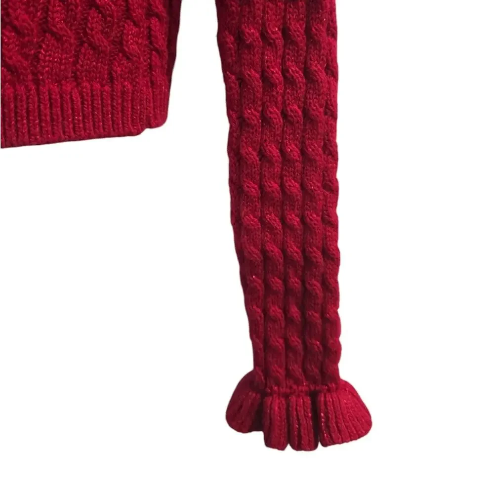 Tahari Red Cable Sweater With Faux Fur Collar